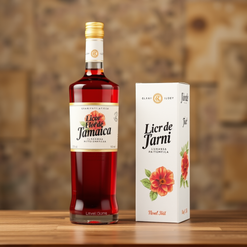 A Level 3 packaging for hibiscus liquor with red tones.