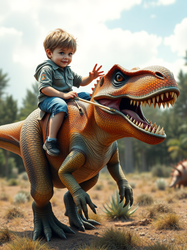 A Little Boy Riding a Vibrant T-Rex