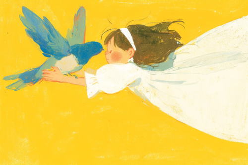 A Little Girl Soaring with Bird in Air
