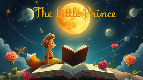 A Little Prince reading with fox and rose.