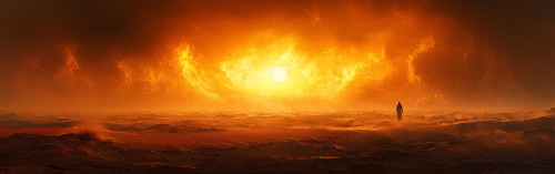 A Lone Figure in Sandstorm at Desert Sunset