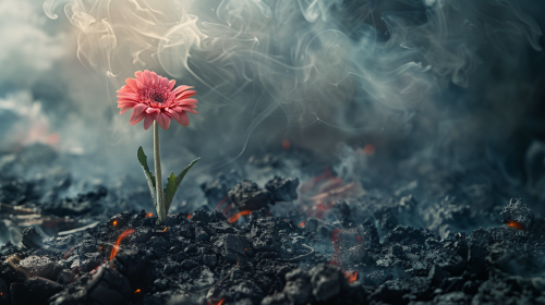A Lonely, Beautiful Daisy in Smoky Debris Land.