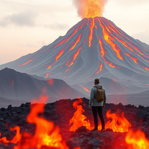 A Lonely Man Facing Volcano Eruption Challenge