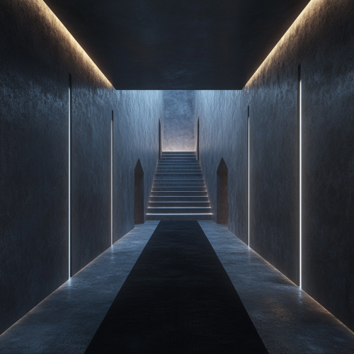 A Long, Dark Corridor with Reflective Metal Finish