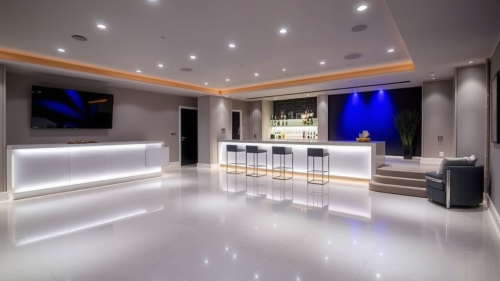 A Luxurious Basement Dance Floor with Stage and Bar