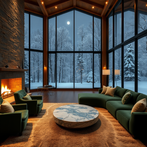 A Luxurious Living Room Overlooking Snowy Forest Night