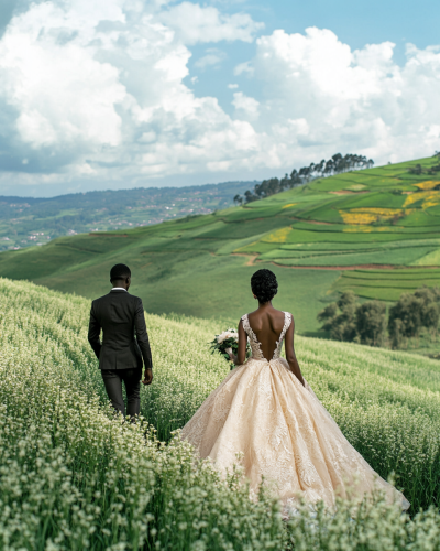A Luxury Rwandan Bride and Groom Walking.