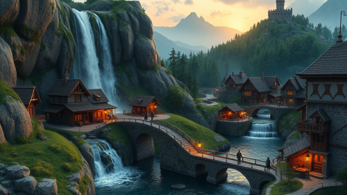 A Majestic Waterfall in Enchanted Medieval Village