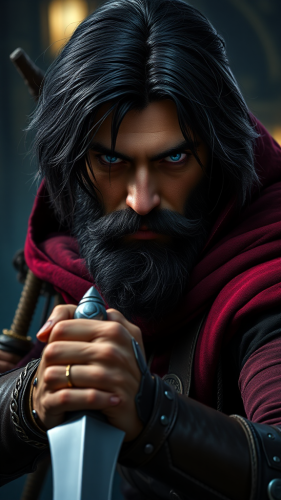 A Male Elf Rogue in Stealth Pose at Night