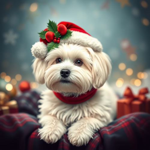 A Maltese dog wearing a Christmas hat.