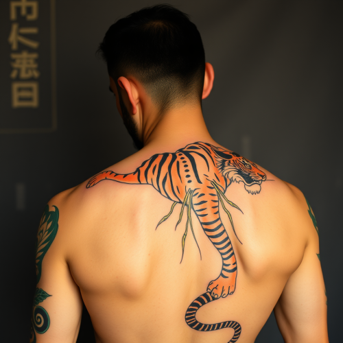 A Man's Back with Chinese Tattoo And Two Tigers