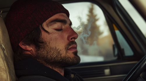 A Man's Blissful Moment Inside Beige Pickup Truck