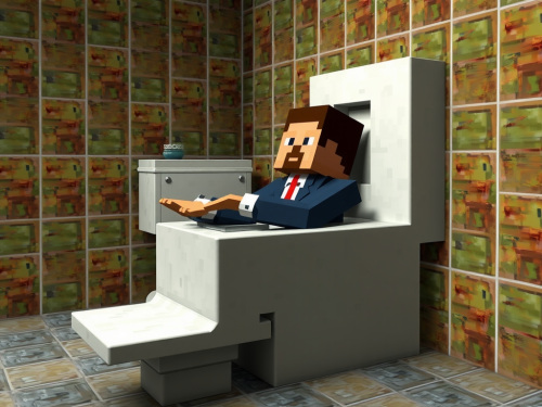 A Man's Head Emerging from a Giant Minecraft Toilet