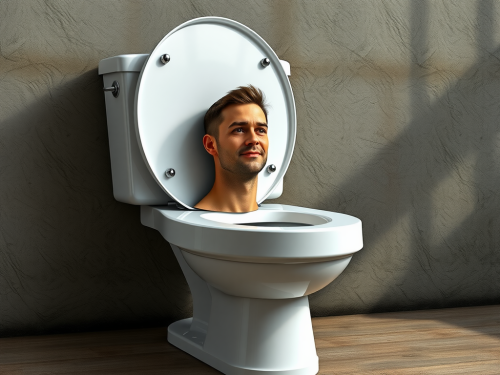 A Man's Head Emerging from a Giant Toilet