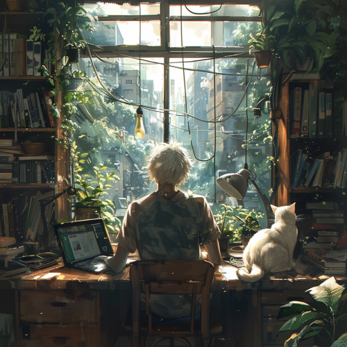 A Man, Cats, Forest Cityscape: Contemplative Cozy Workspace A Man, Cats, Forest Cityscape: Contemplative Cozy Workspace