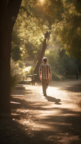 A Man Walking Through Sunlit Park Afternoon