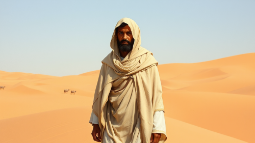 A Man in Desert with Cream Cloak and Water