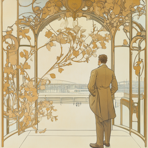 A Man in Elegant Airport with Flowing Patterns