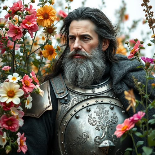 A Man in Medieval Armor Resting Among Flowers