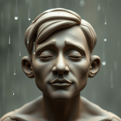 A Man in Rain, Sculpted from Textured Clay