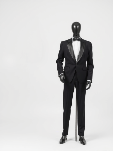 A Mannequin in Black Tuxedo in White Studio