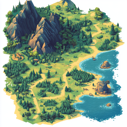 A Map with Forest, Ocean, Mountains, and Path