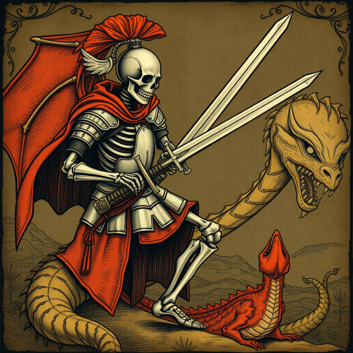 A Medieval Skeleton Knight Slaying a Dragon