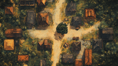 A Medieval Village With Oak Tree Marketplace