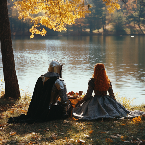 A Medieval knight and lady picnic by lake