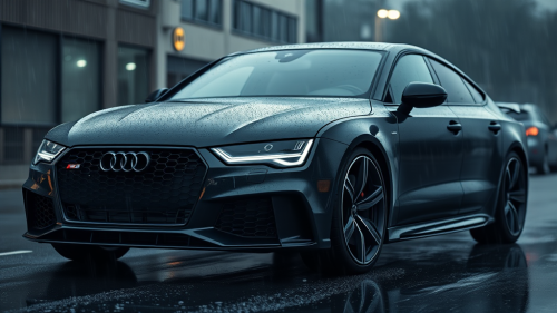 A Menacing Black Audi RS7 Revving in Rain