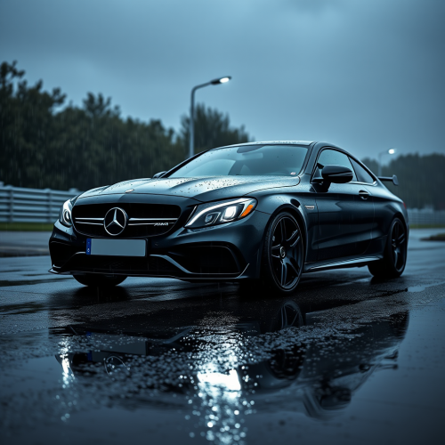 A Menacing Black Mercedes AMG C63 in Rain