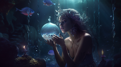 A Mermaid Holding Glowing Pearl Underwater