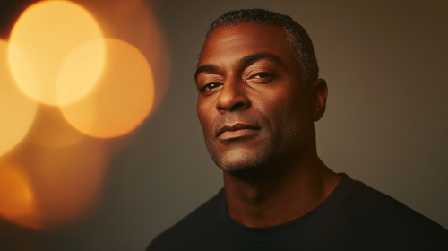 A Middle-Aged Man with Orange Glow in Studio