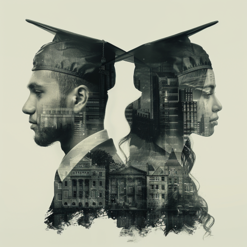 A Middle Eastern male and black female stand together in graduation caps with university background
