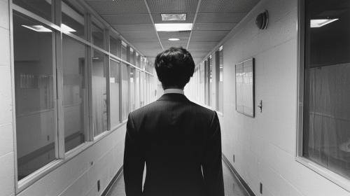 A Middle-aged Korean Businessman Walking Down Office Corridor