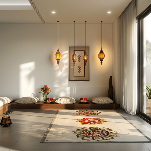 A Modern Apartment with Diwali Decoration and Rangoli