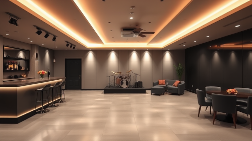 A Modern Basement Dance Floor with Amenities