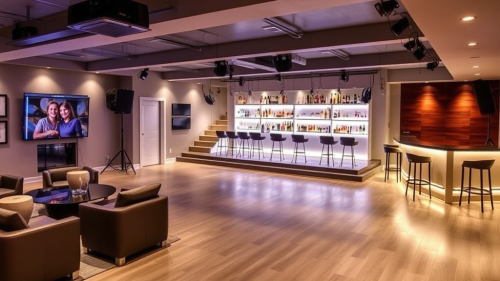 A Modern Basement Dance Floor with Amenities