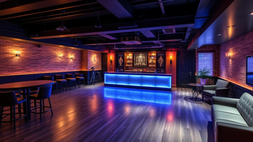 A Modern Basement Dance Floor with Amenities