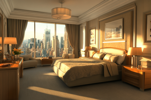 A Modern Bedroom with Elegant Furniture and City View