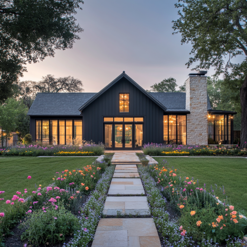 A Modern Farmhouse with Elegant Flowers at Dusk