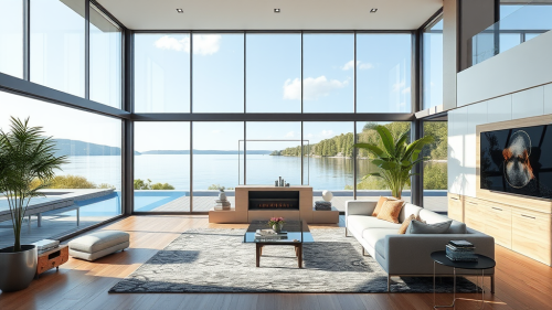 A Modern Mansion Living Room Overlooking a Lake