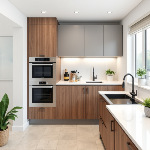 A Modern Small Kitchen with Grey and Walnut Details