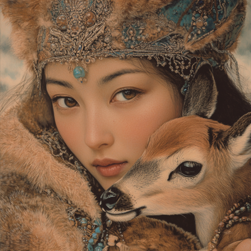 A Mongolian woman holding a baby doe gracefully