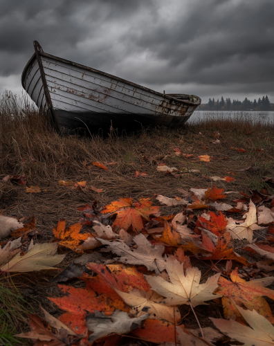 A Moody Scene: Maple Leaves, Old Boat, Cloudy Sky