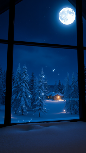 A Moonlit Snowy Forest Seen from Glass Windows
