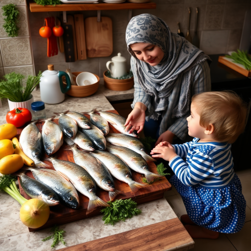 A Mother and Child Prepare Seabass in Kitchen.