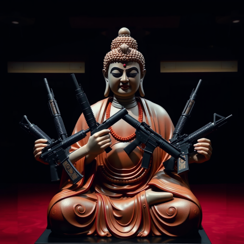 A Multi-Handed Buddha Statue Holding Rifles