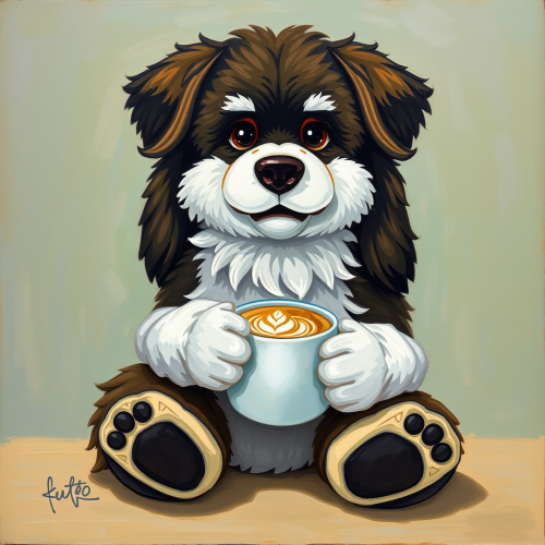 A Multipoo Dog Holding a Coffee Cup