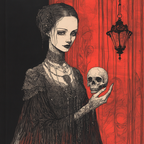 A Mysterious Woman with Skull in Dim Light A Mysterious Woman with Skull in Dim Light